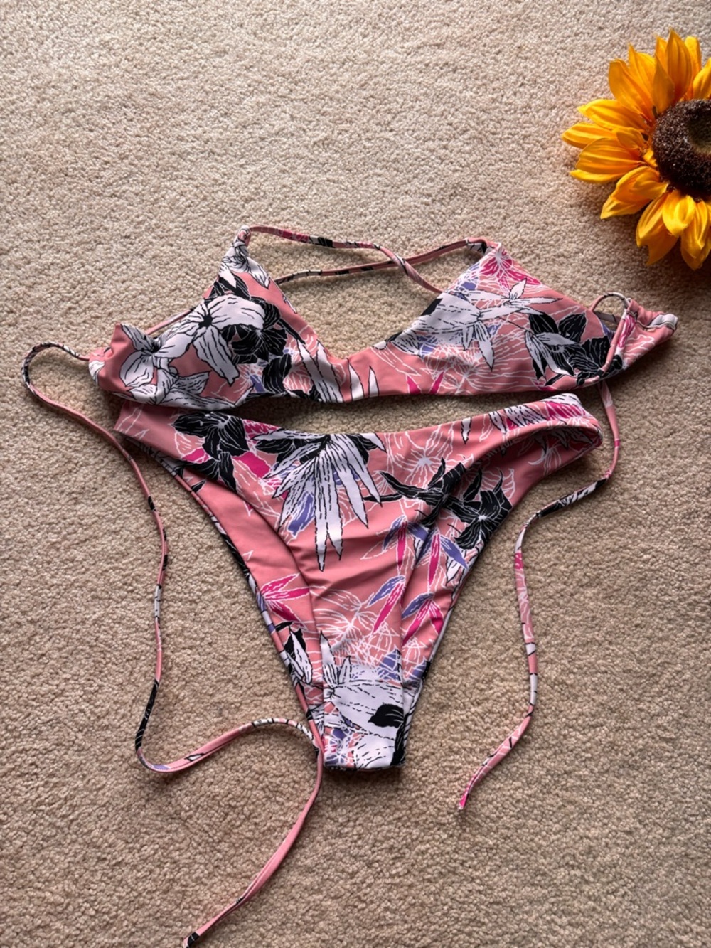 Zaful Floral Bikini Set Top S Bottom Size 4 Pink Tie Side Swim